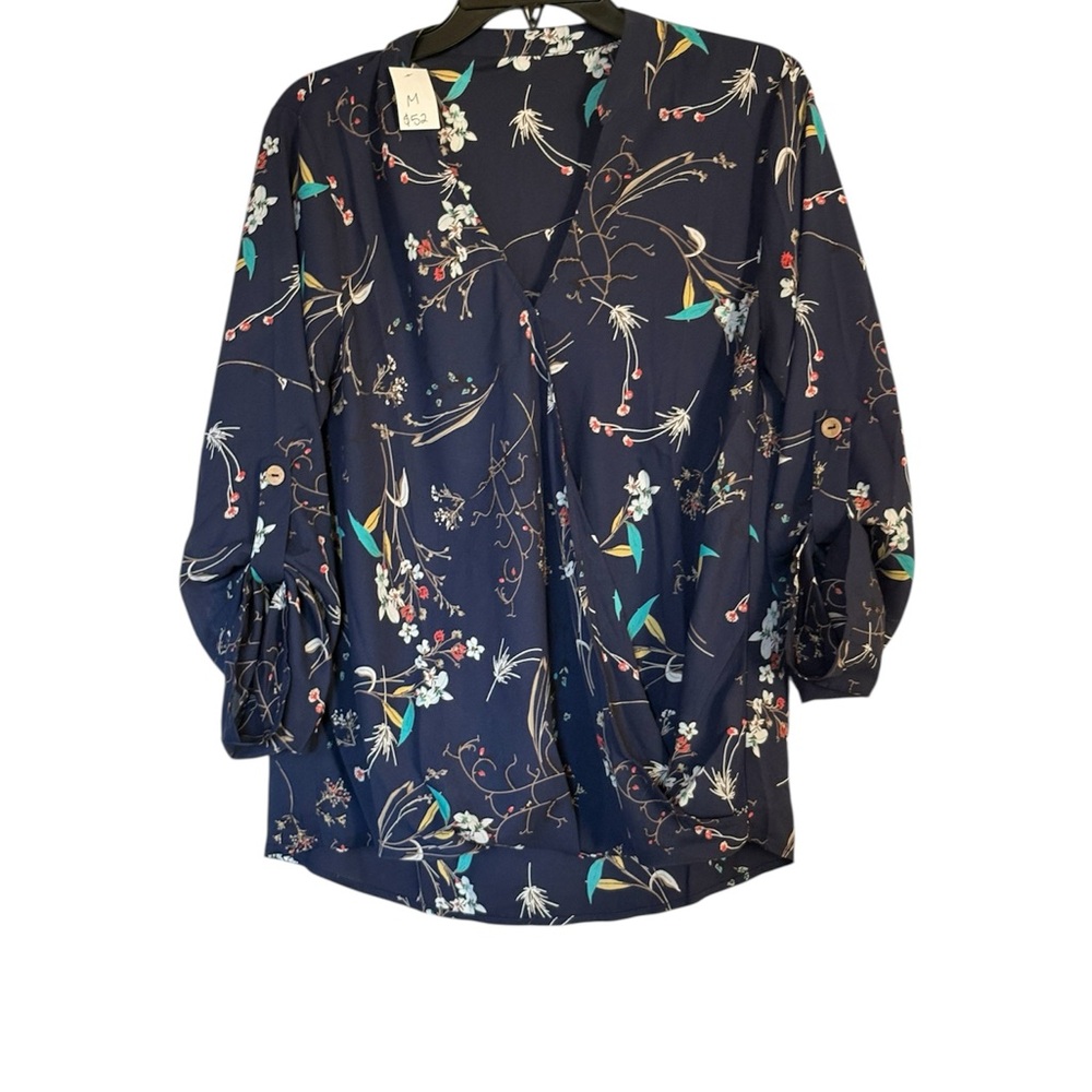 Navy Blue•Floral V-Neck Blouse